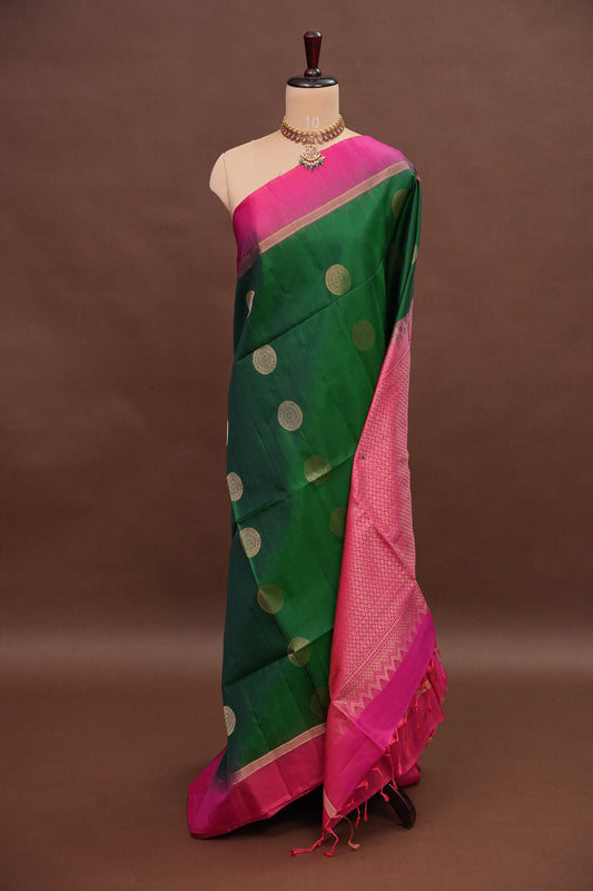 Pure Soft Silk Saree - Emerald Green with Hot Pink