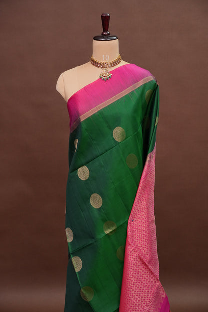Pure Soft Silk Saree - Emerald Green with Hot Pink