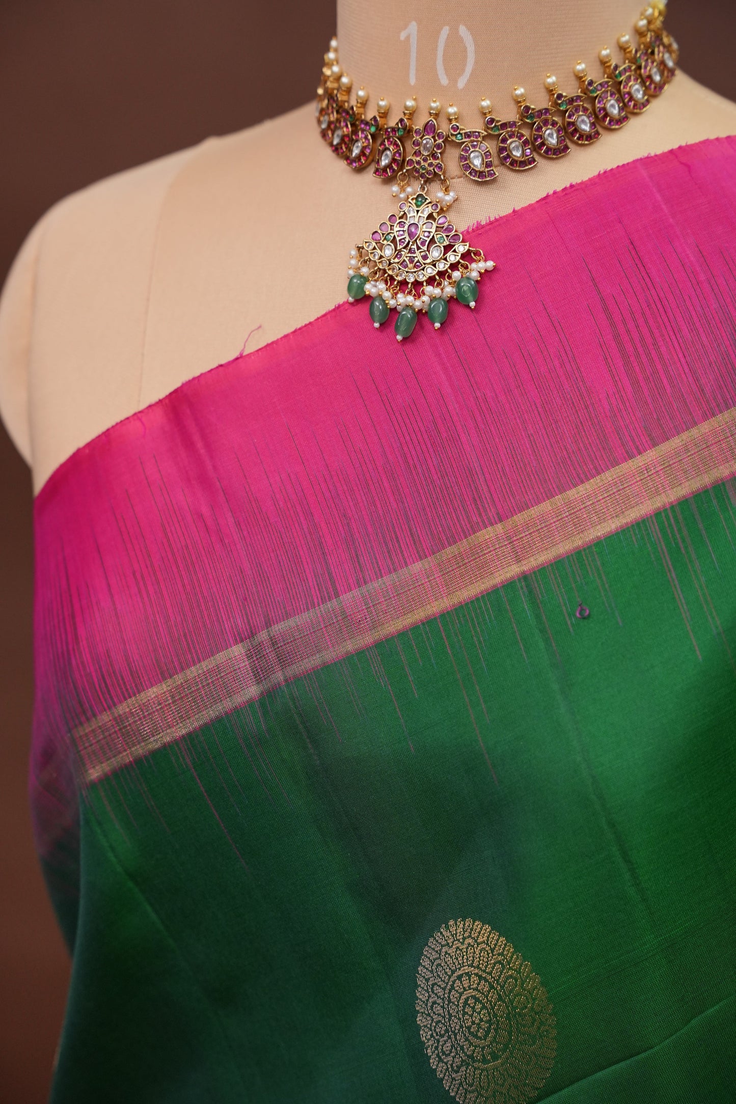 Pure Soft Silk Saree - Emerald Green with Hot Pink