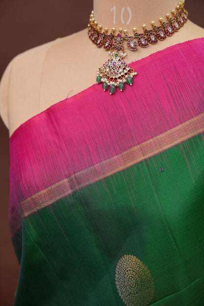 Pure Soft Silk Saree - Emerald Green with Hot Pink