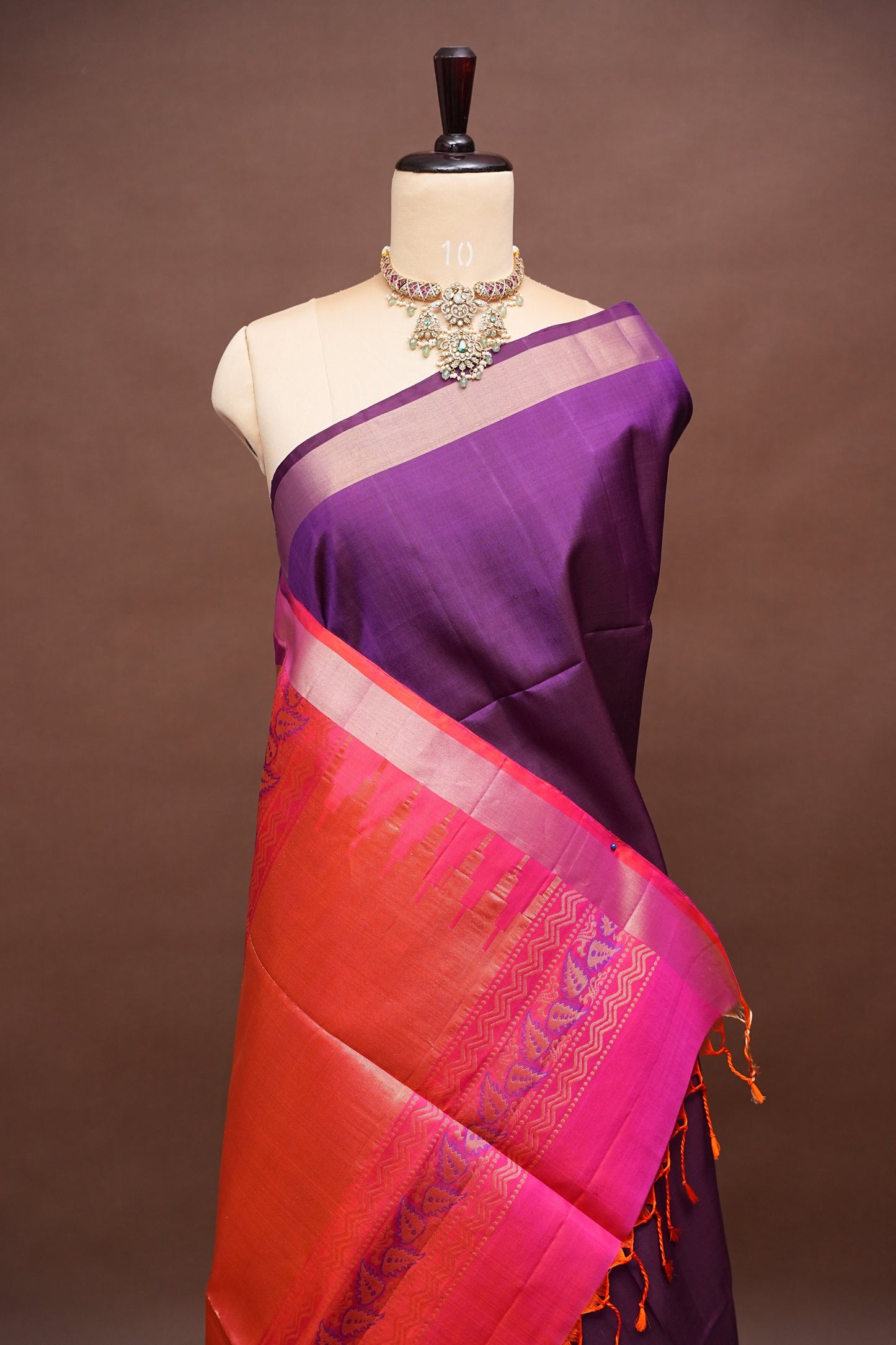 Pure Soft Silk Saree - Deep Royal Purple with Orange and Pink