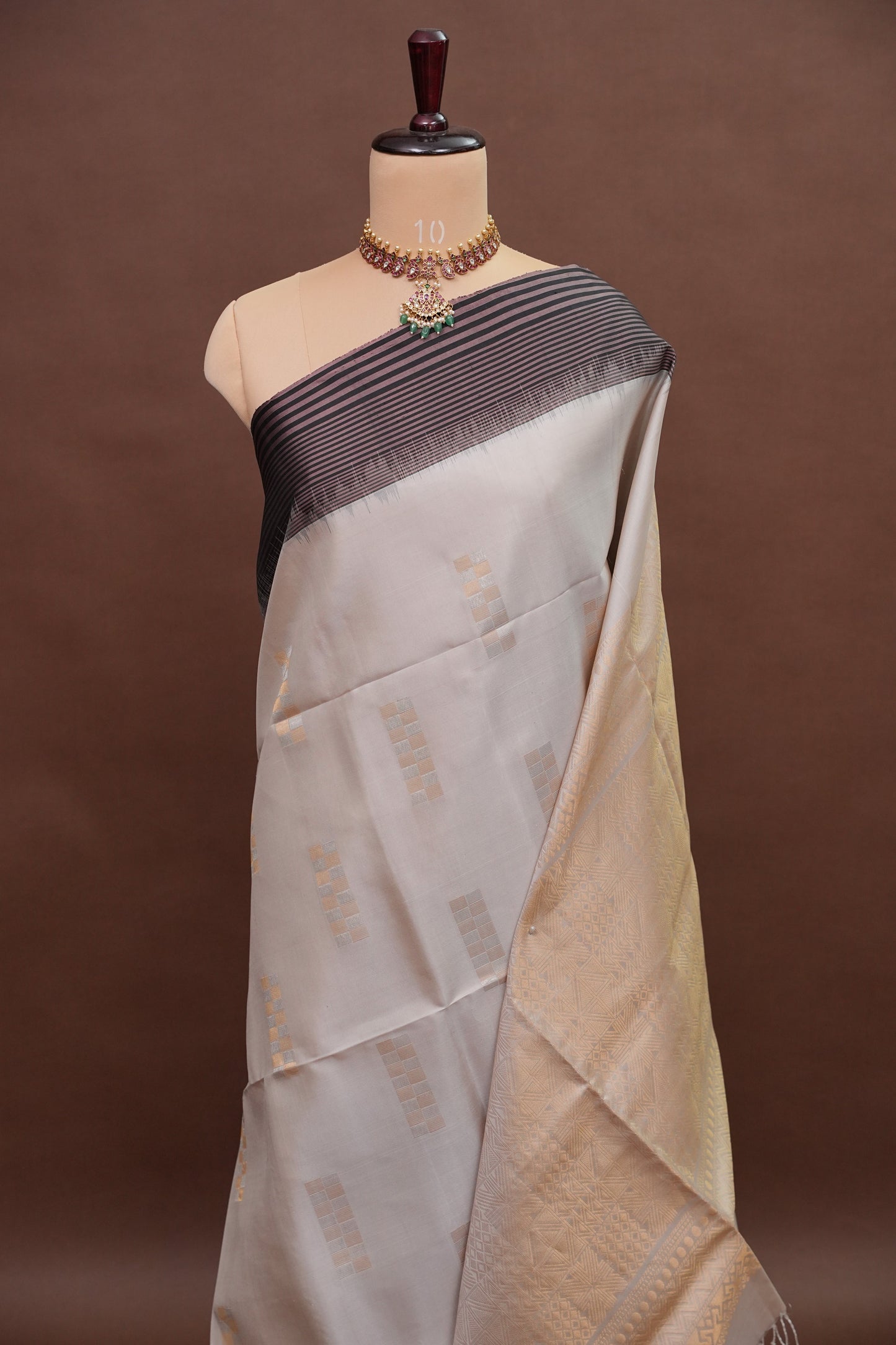 Pure Soft Silk Saree - Half White with Black
