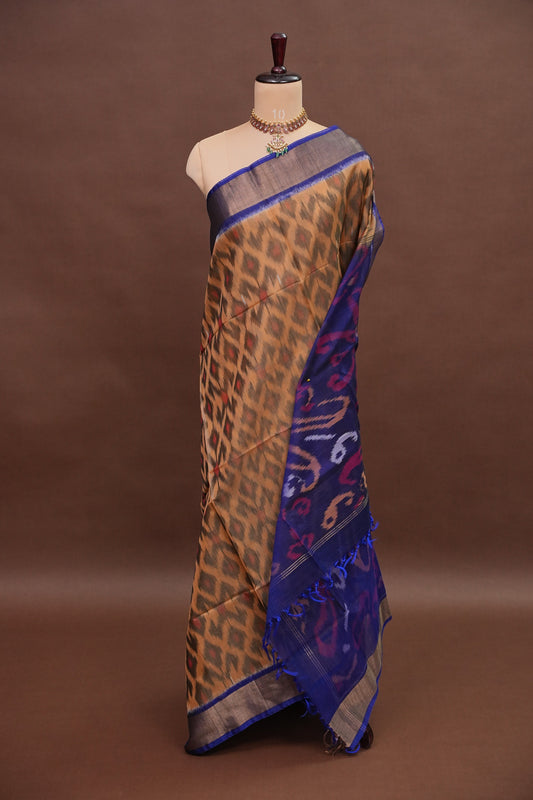 Pure Ikkat Silk Cotton Saree - Beige & Royal Blue