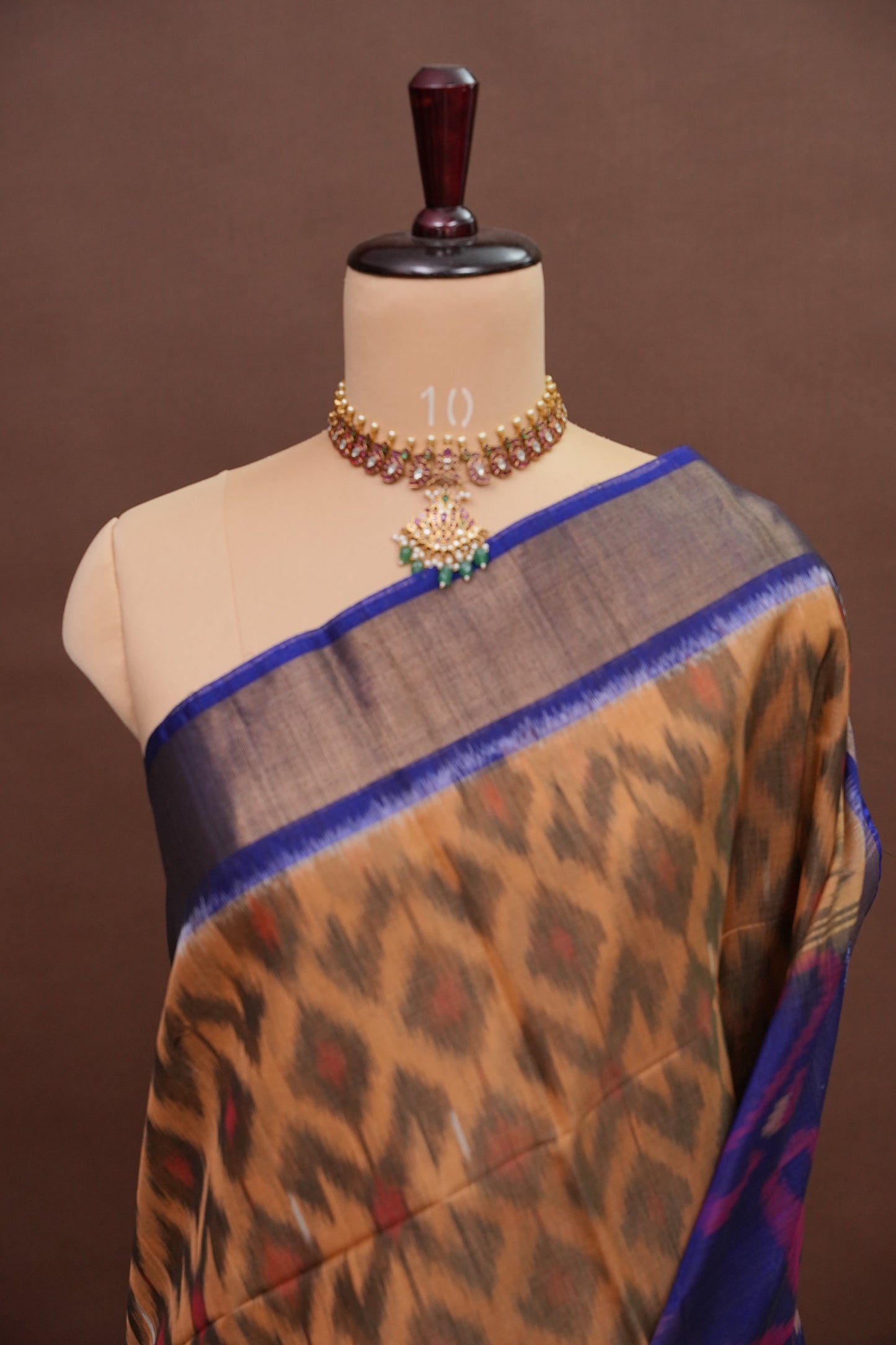Pure Ikkat Silk Cotton Saree - Beige & Royal Blue
