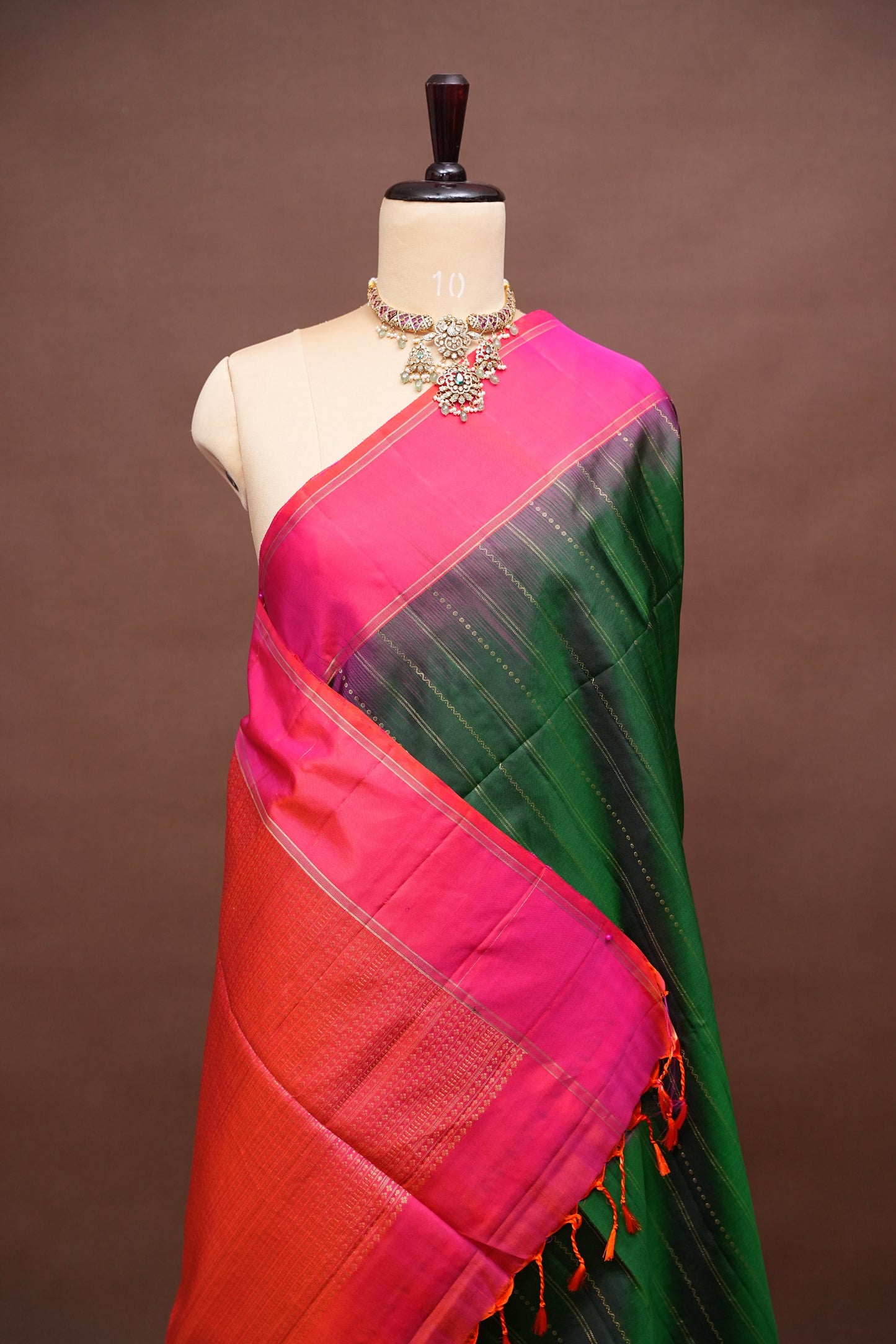 Pure Soft Silk Saree - Deep Emerald Green with Pink