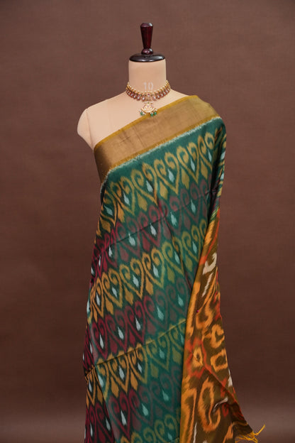 Pure Ikkat Silk Cotton Saree - Bottle Green & Mustard