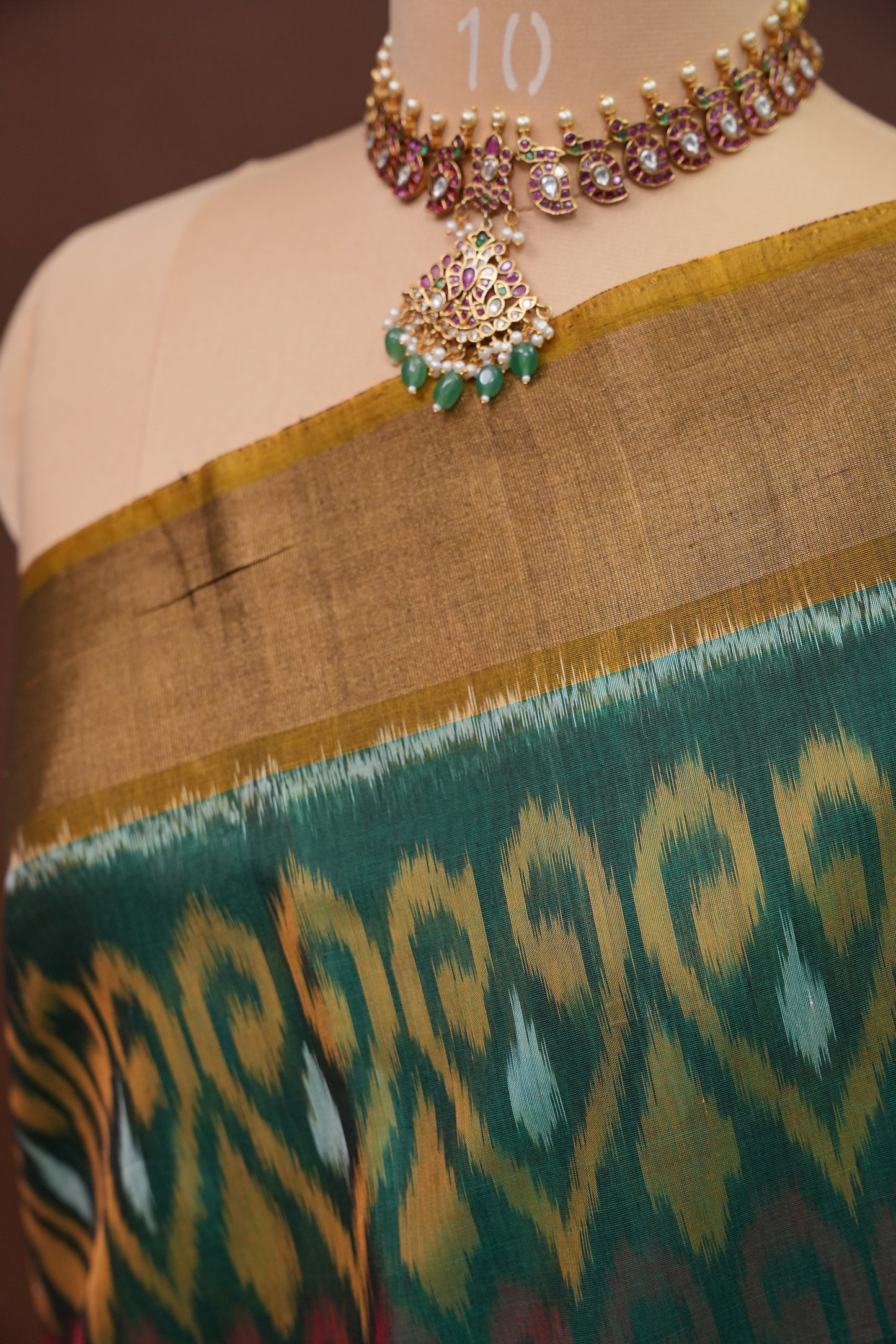 Pure Ikkat Silk Cotton Saree - Bottle Green & Mustard