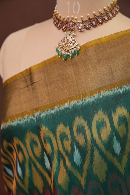 Pure Ikkat Silk Cotton Saree - Bottle Green & Mustard