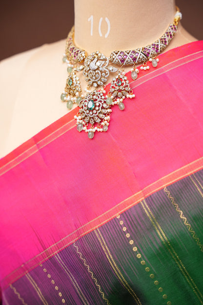 Pure Soft Silk Saree - Deep Emerald Green with Pink