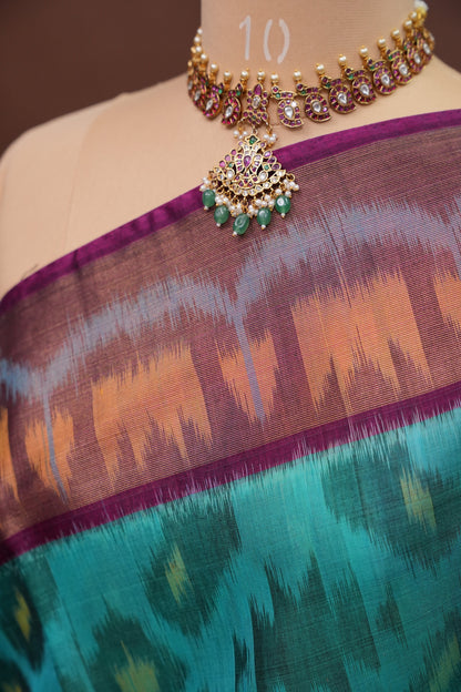 Pure Ikkat Silk Cotton Saree - Turquoise & Deep Purple