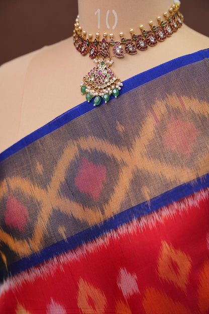 Pure Ikkat Silk Cotton Saree - Red & Royal Blue