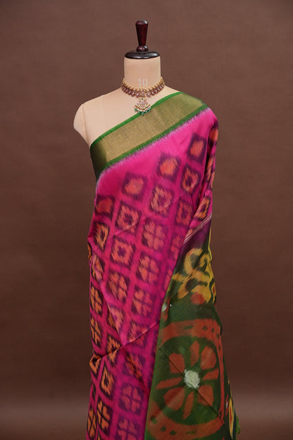 Pure Ikkat Silk Cotton Saree - Pink & Emerald Green