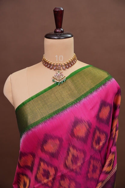 Pure Ikkat Silk Cotton Saree - Pink & Emerald Green
