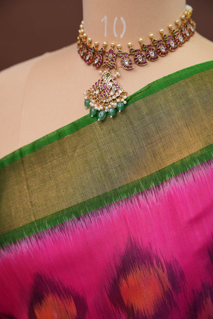 Pure Ikkat Silk Cotton Saree - Pink & Emerald Green
