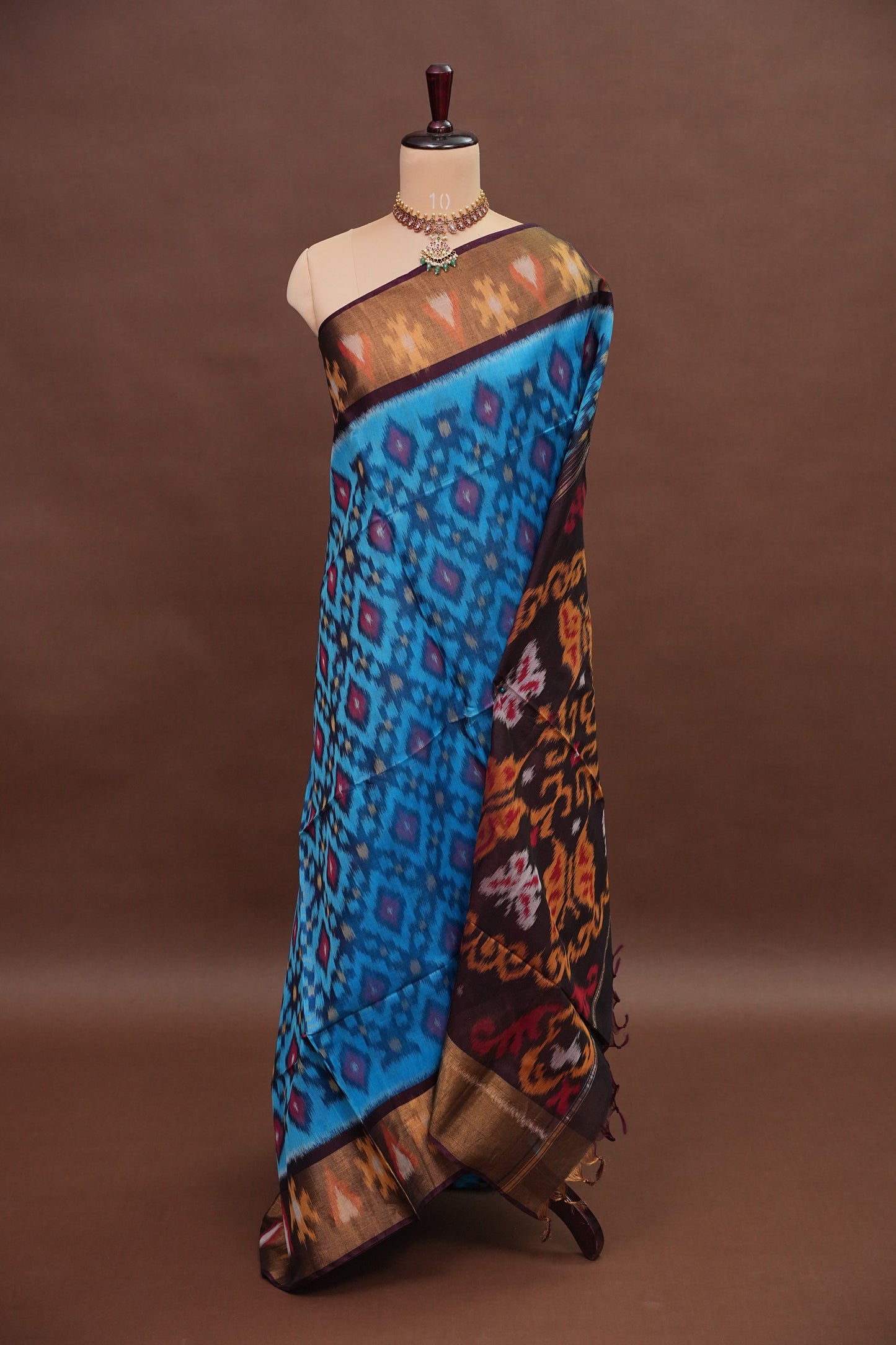 Pure Ikkat Silk Cotton Saree - Blue & Coffee