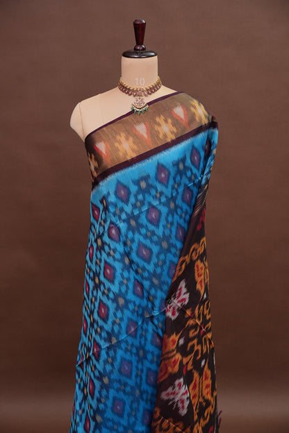 Pure Ikkat Silk Cotton Saree - Blue & Coffee
