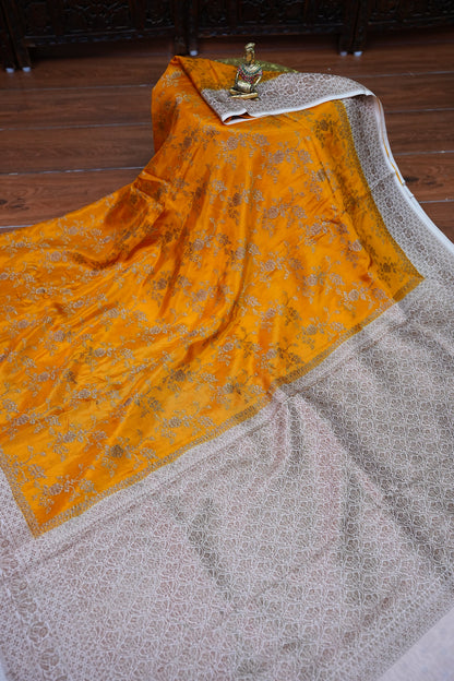Khaddi Georgette Crepe Silk Saree with Antique Border – Mustard & White