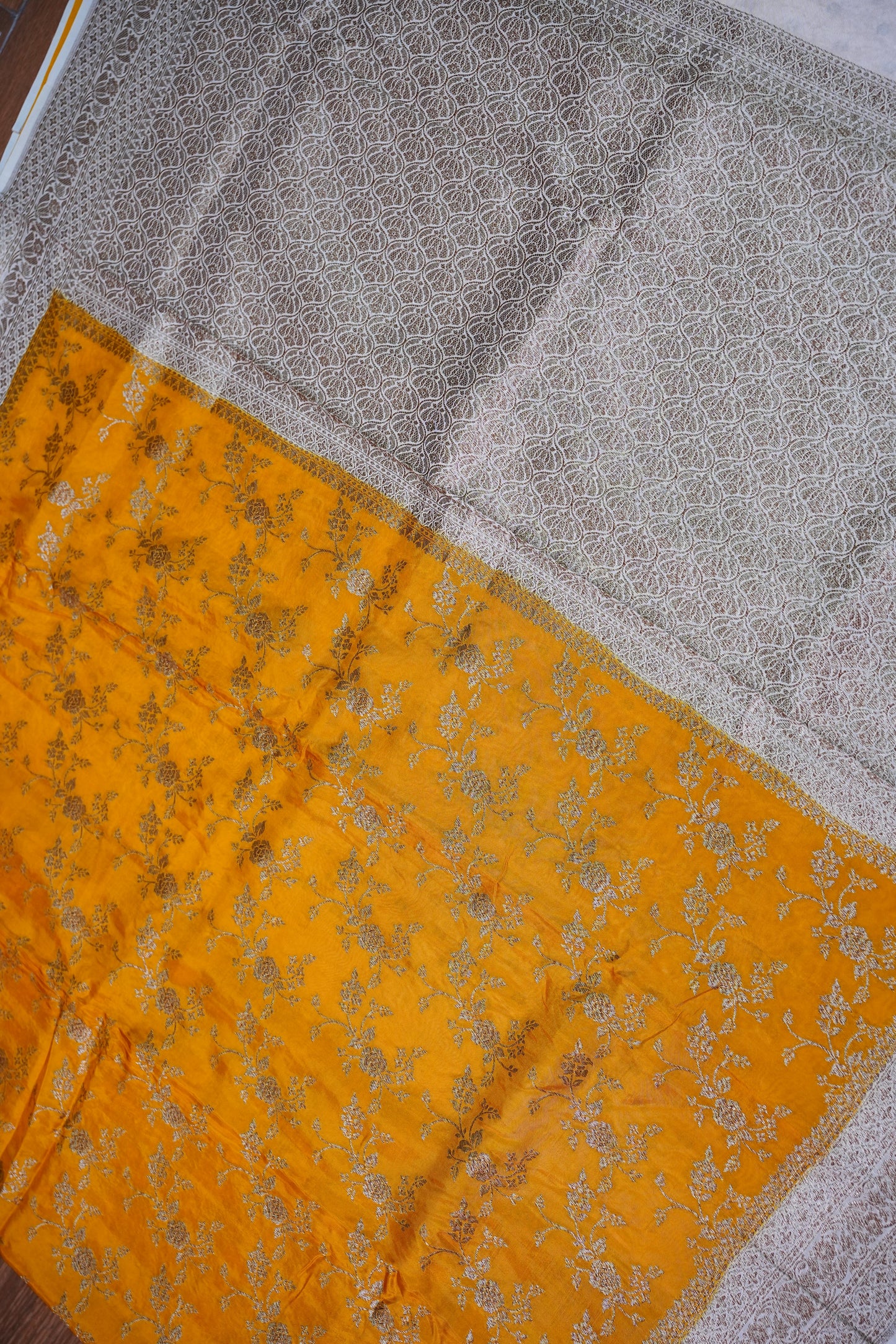 Khaddi Georgette Crepe Silk Saree with Antique Border – Mustard & White