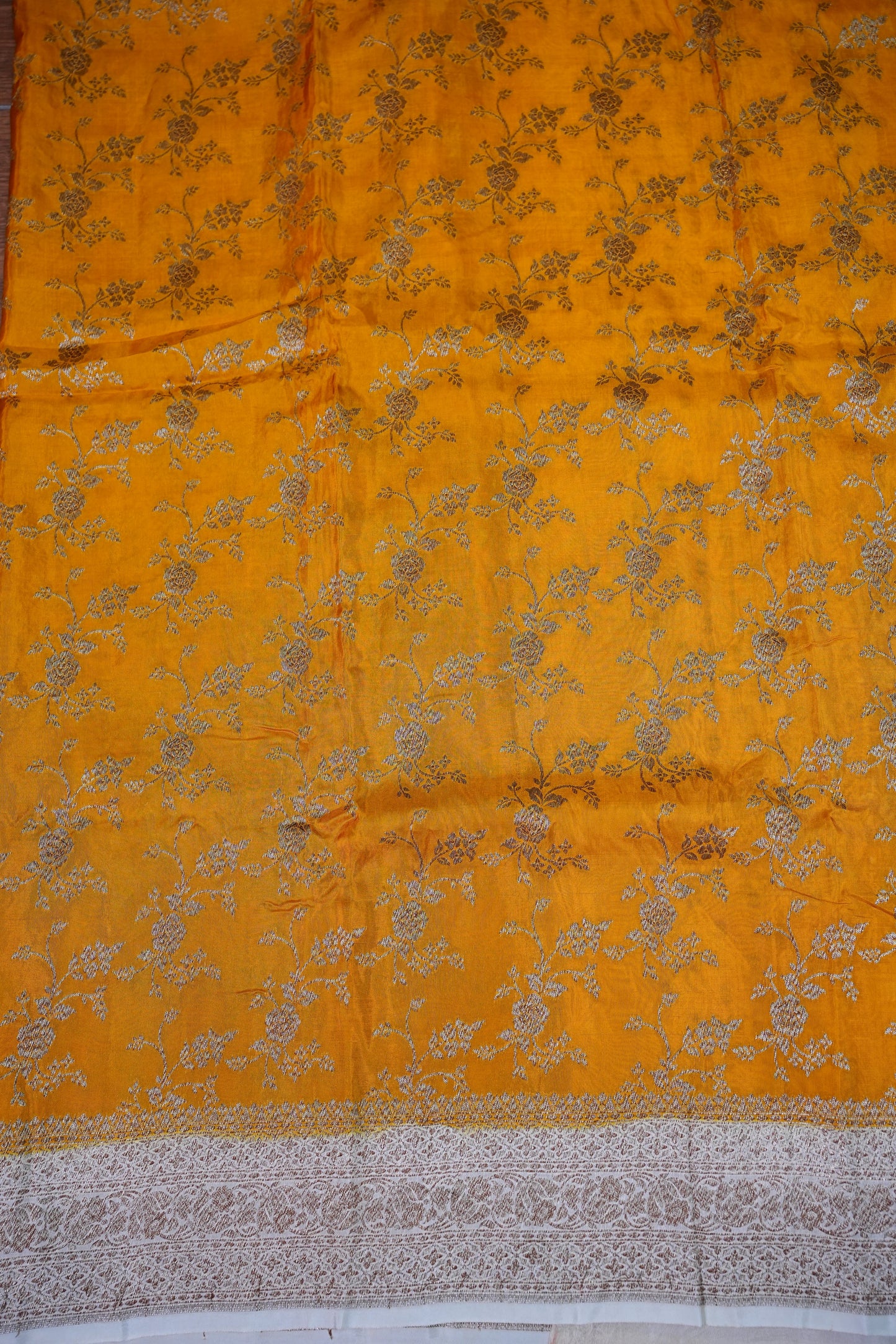 Khaddi Georgette Crepe Silk Saree with Antique Border – Mustard & White