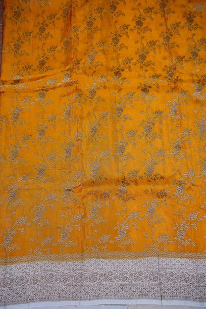 Khaddi Georgette Crepe Silk Saree with Antique Border – Mustard & White
