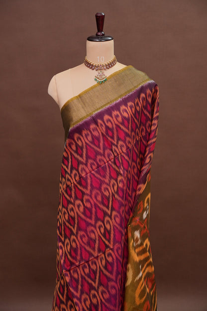 Pure Ikkat Silk Cotton Saree - Wine & Mustard