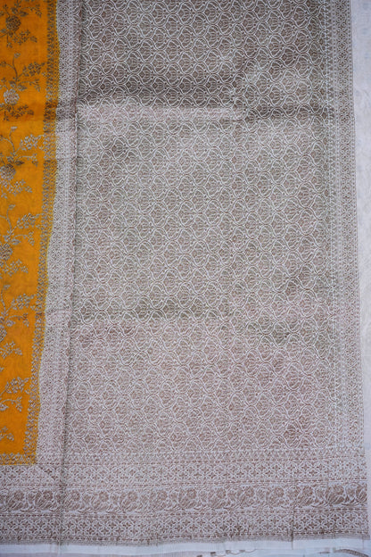 Khaddi Georgette Crepe Silk Saree with Antique Border – Mustard & White