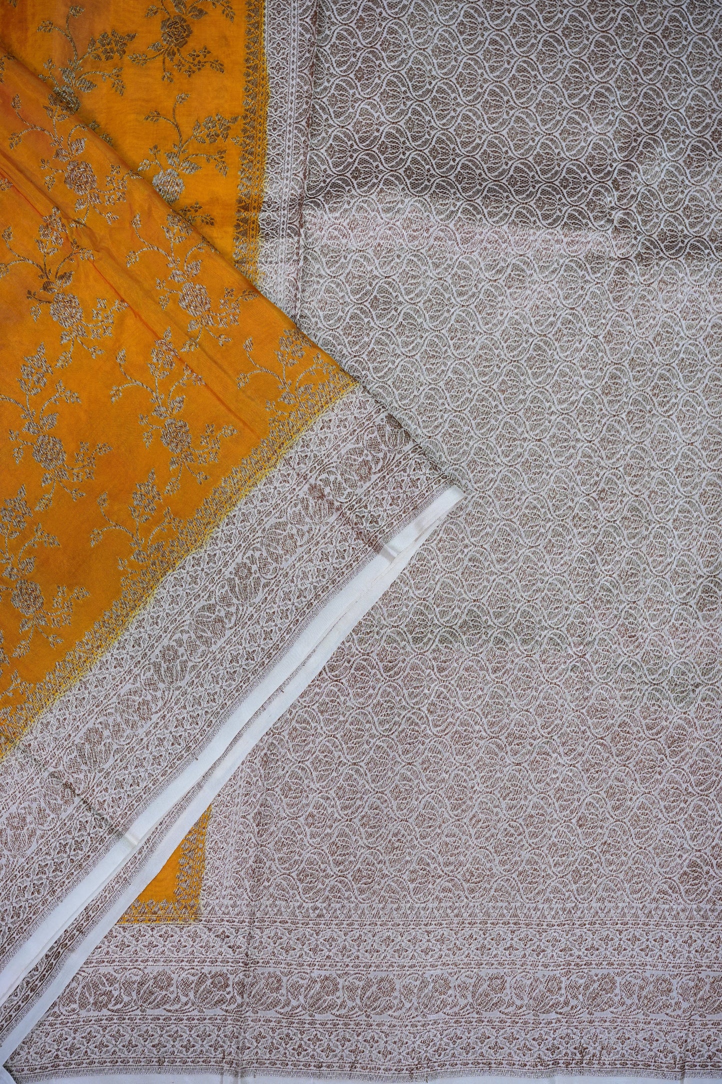 Khaddi Georgette Crepe Silk Saree with Antique Border – Mustard & White