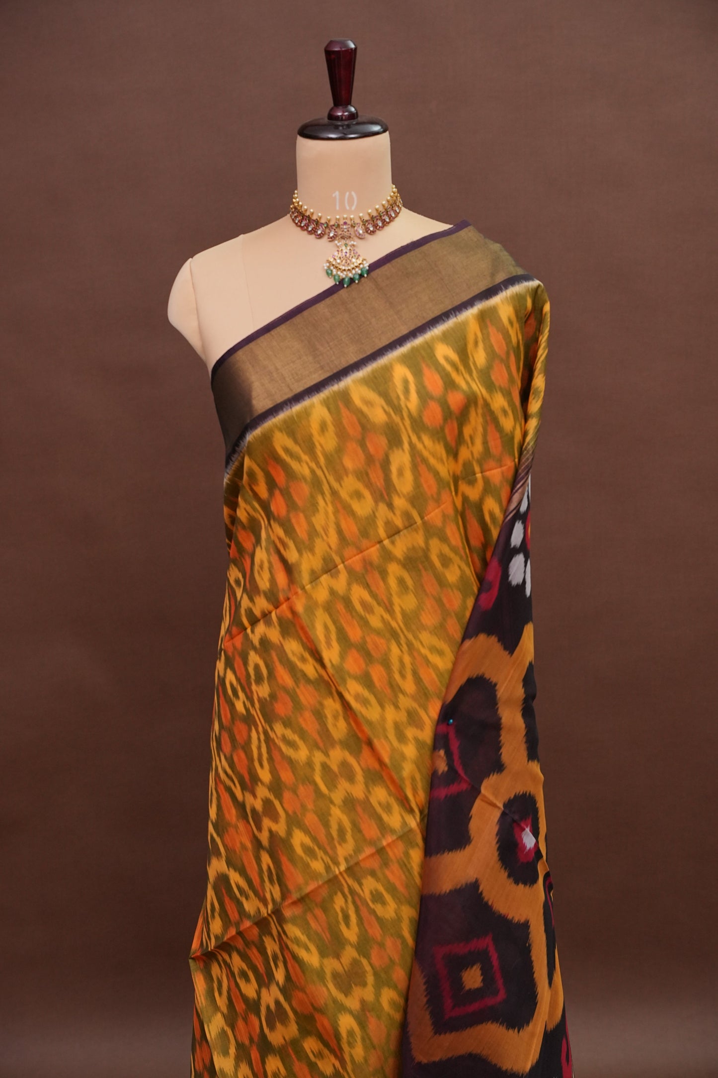 Pure Ikkat Silk Cotton Saree - Mustard with Coffee