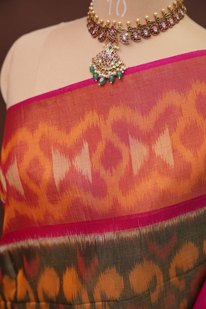 Pure Ikkat Silk Cotton Saree - Mustard & Grey with Pink
