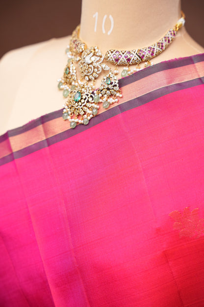 Pure Soft Silk Saree - Pink with Deep Emerald Green