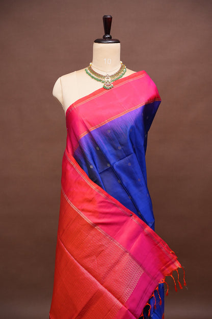Pure Soft Silk Saree - Royal Blue with Pink and Orange