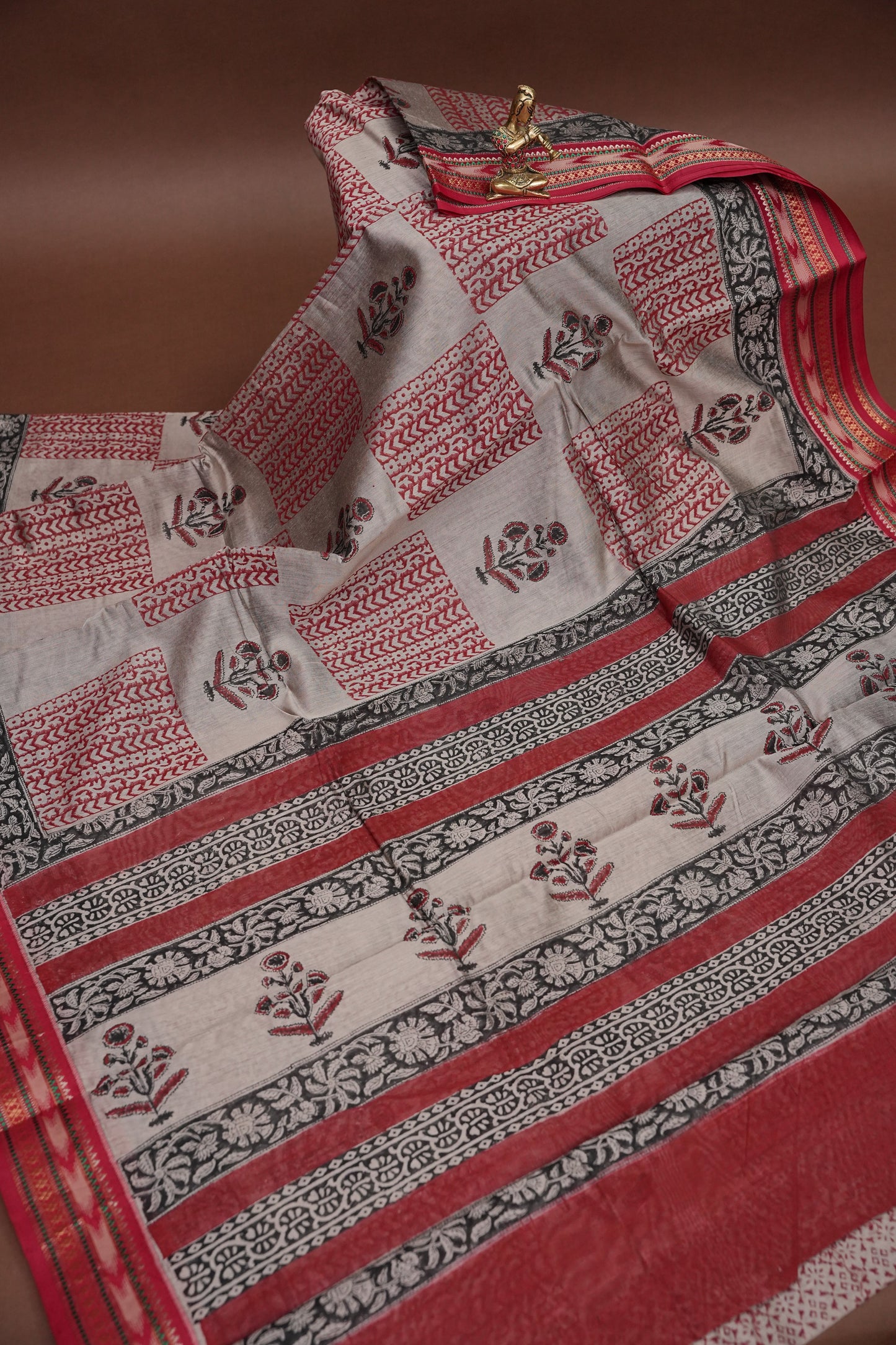 Chanderi Silk Cotton Block Printed Saree - Grey & Red