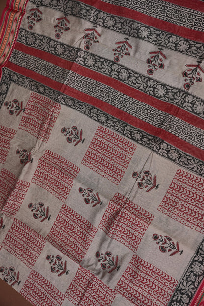 Chanderi Silk Cotton Block Printed Saree - Grey & Red