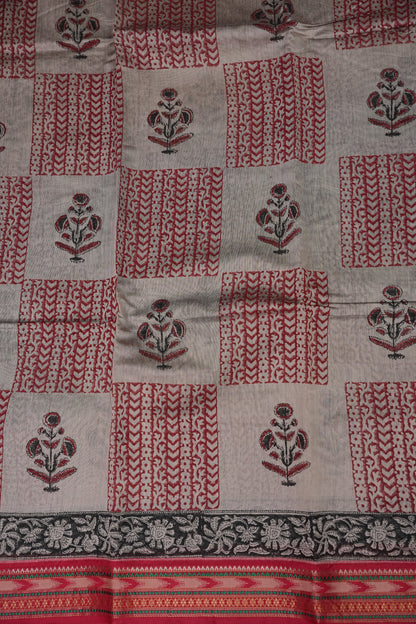 Chanderi Silk Cotton Block Printed Saree - Grey & Red