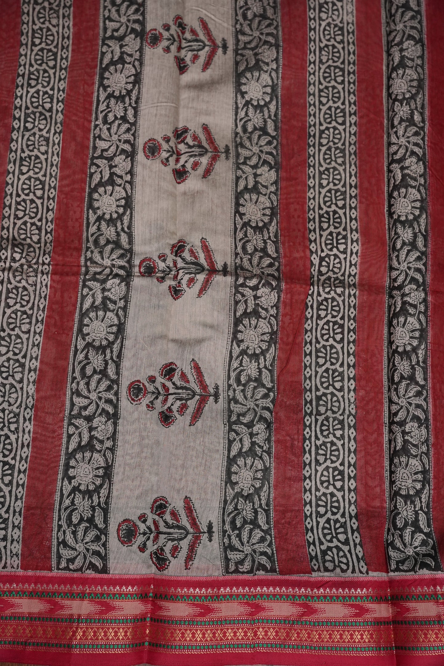 Chanderi Silk Cotton Block Printed Saree - Grey & Red