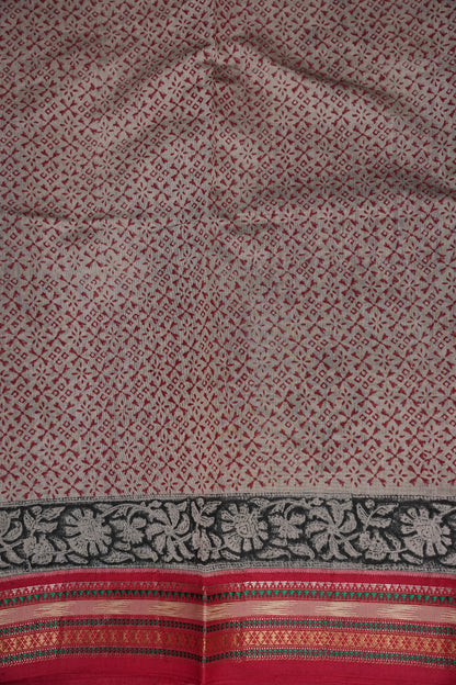 Chanderi Silk Cotton Block Printed Saree - Grey & Red