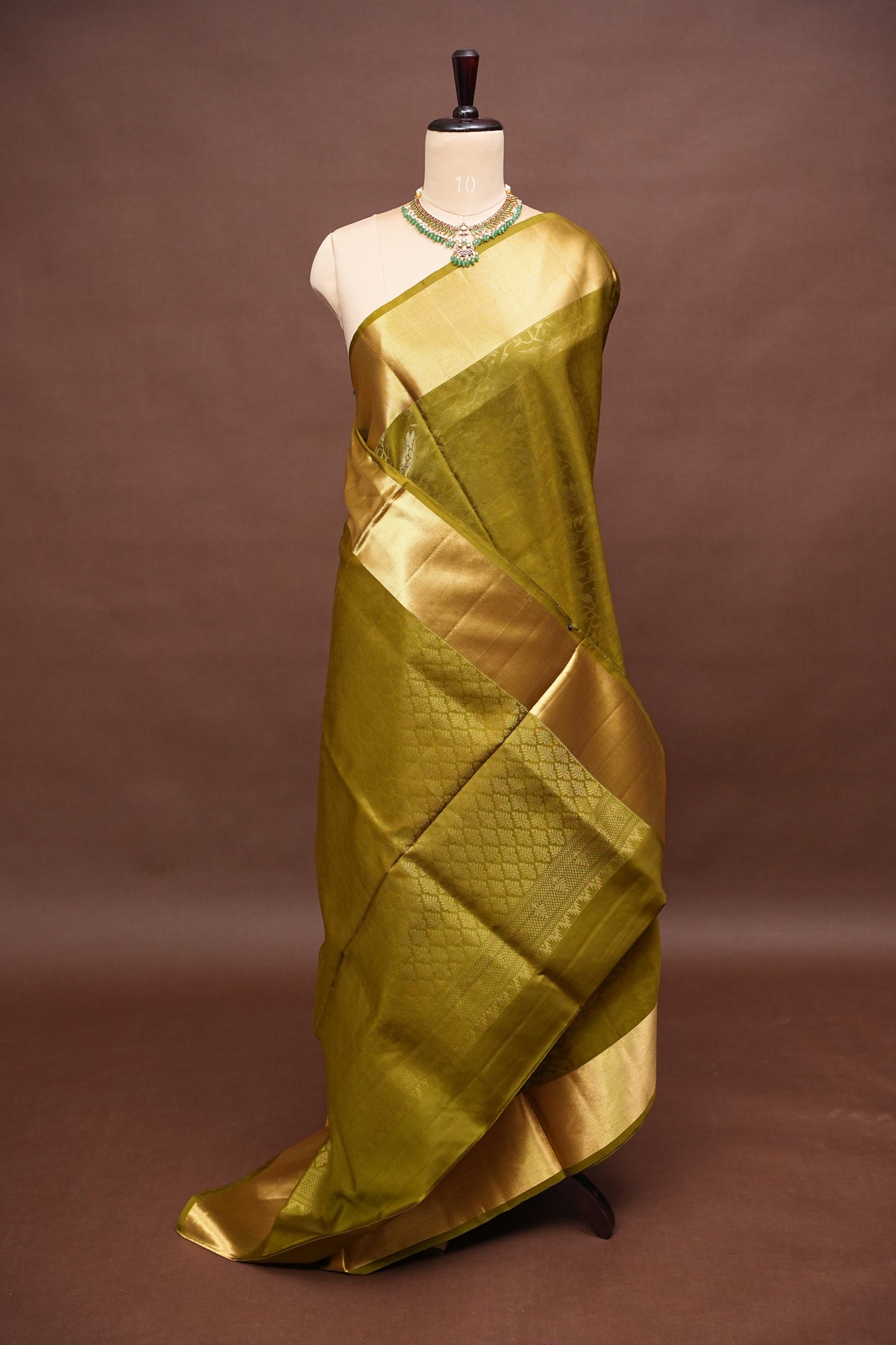 Pure Soft Silk Saree - Olive Green with Gold