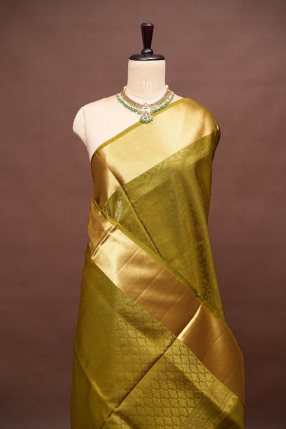 Pure Soft Silk Saree - Olive Green with Gold