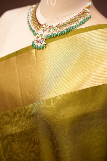 Pure Soft Silk Saree - Olive Green with Gold