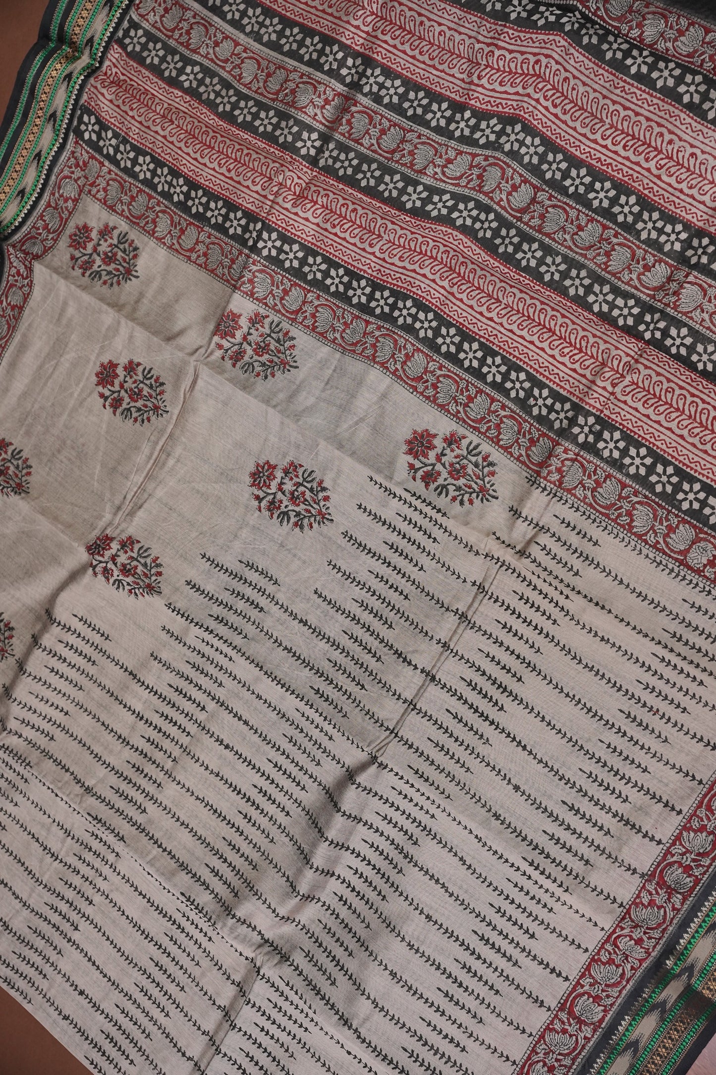 Chanderi Silk Cotton Block Printed Saree - Grey & Black
