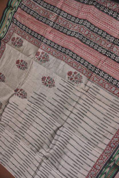 Chanderi Silk Cotton Block Printed Saree - Grey & Black