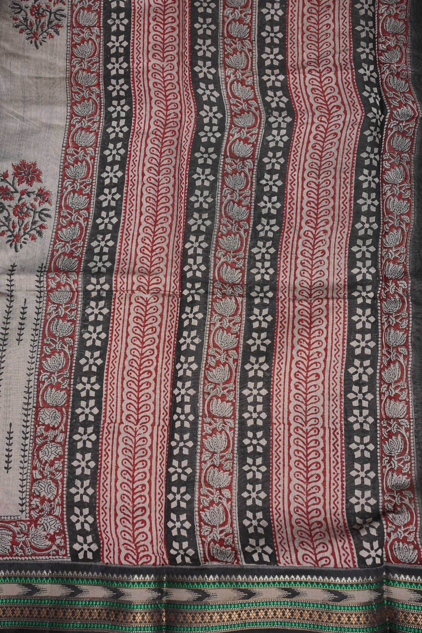Chanderi Silk Cotton Block Printed Saree - Grey & Black