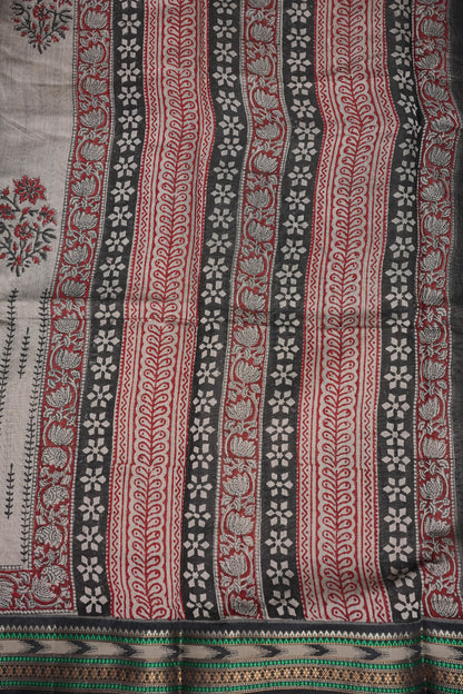Chanderi Silk Cotton Block Printed Saree - Grey & Black
