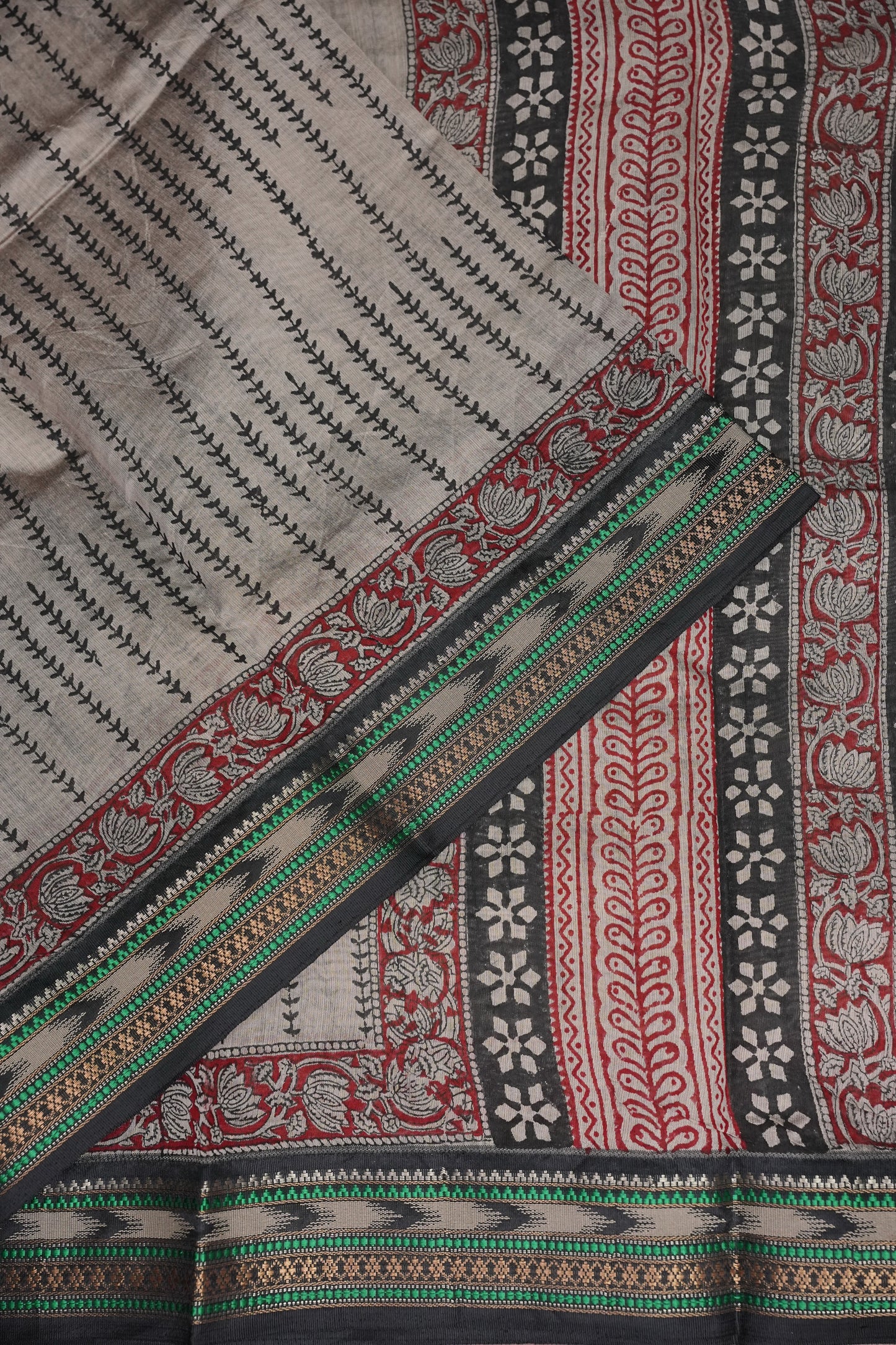 Chanderi Silk Cotton Block Printed Saree - Grey & Black