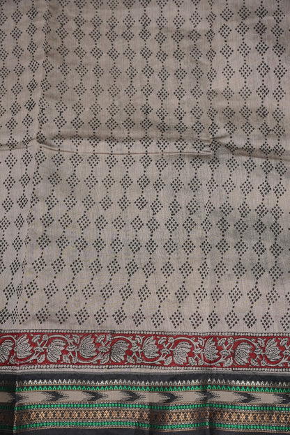 Chanderi Silk Cotton Block Printed Saree - Grey & Black