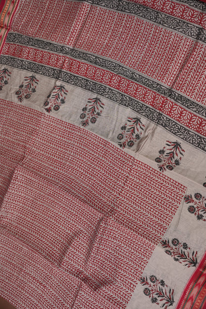 Chanderi Silk Cotton Block Printed Saree - Grey & Red