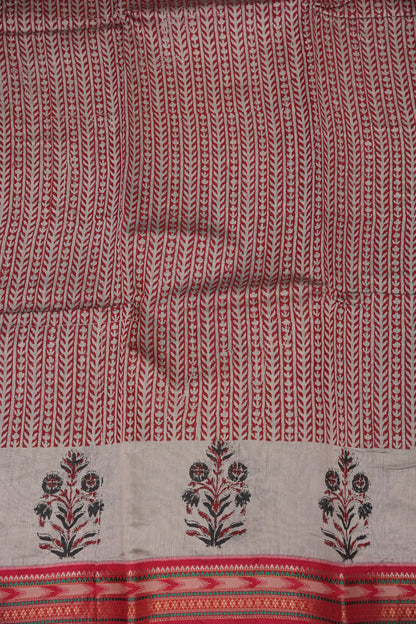 Chanderi Silk Cotton Block Printed Saree - Grey & Red