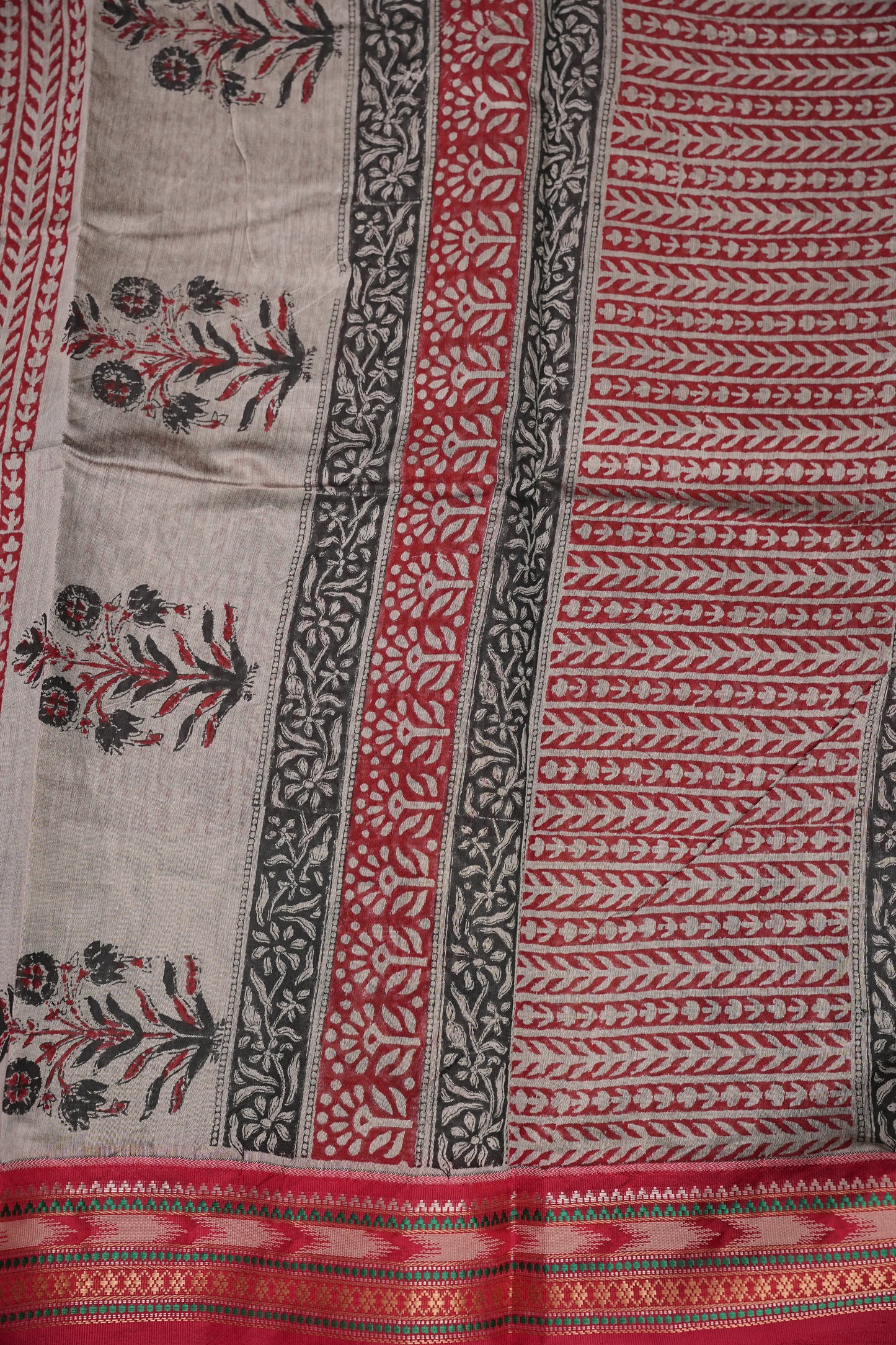 Chanderi Silk Cotton Block Printed Saree - Grey & Red