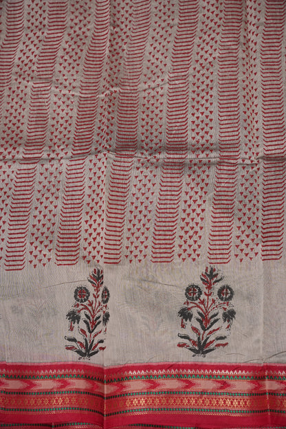Chanderi Silk Cotton Block Printed Saree - Grey & Red