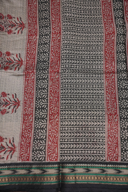 Chanderi Silk Cotton Block Printed Saree - Grey